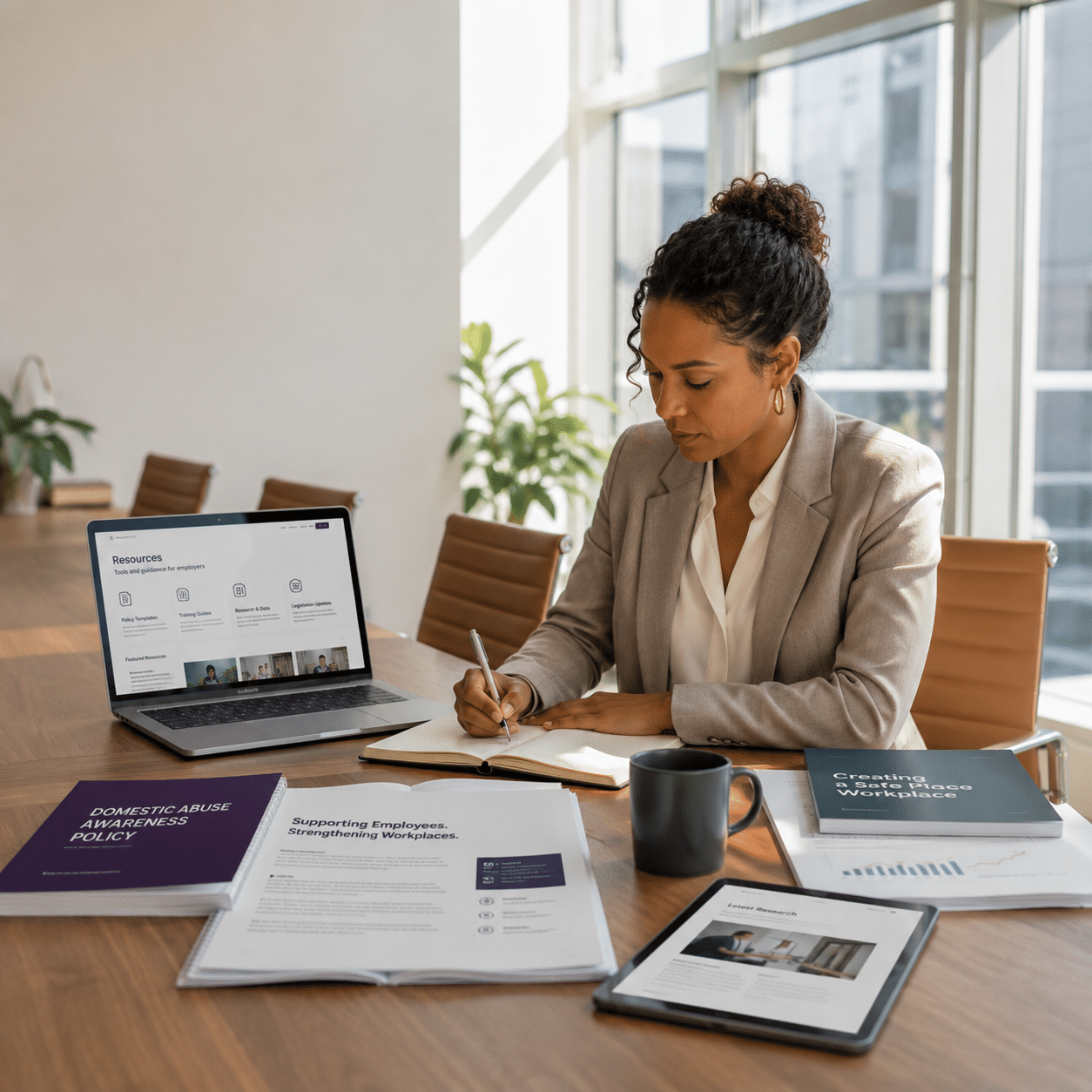 A woman at a conference table reviewing employer resources, with printed policy guides and a laptop open to the Resources page